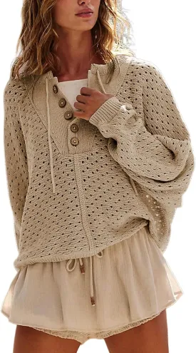 Women Oversized Knit Sweatshirt Hollow Long Sleeve Button Drawstring V Neck Pullover Sweaters