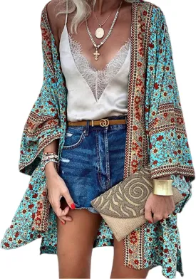 Women's Boho Tassel Open Front Long Sleeve Cardigan Sweaters Floral Print Stripe Blouses with Pockets