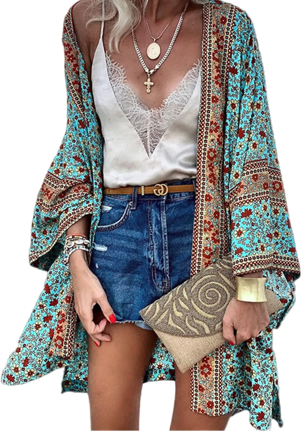 Women's Boho Tassel Open Front Long Sleeve Cardigan Sweaters Floral Print Stripe Blouses with Pockets