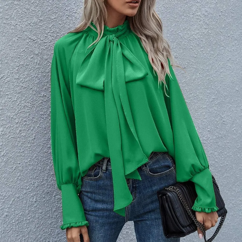 Womens Elegant Business Shirts Fashion Ruffle Button Long Sleeve Tops Bow Tie Mock Neck Tunic Work Office Blouse
