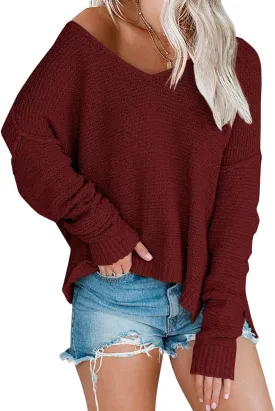 Womens Off Shoulder Knit Sweaters Oversized V Neck Long Sleeve Loose Lightweight Pullover Tops