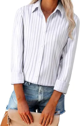 Women's Striped Button Down Shirts Linen Shirts Long Sleeve Collared Blouses Boyfriends Loose Tunics Tops