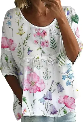 Women's Summer Boho Floral 3/4 Sleeve Tunic Top Flowy Casual Loose Cute Plus Size Pleated Blouse Shirts
