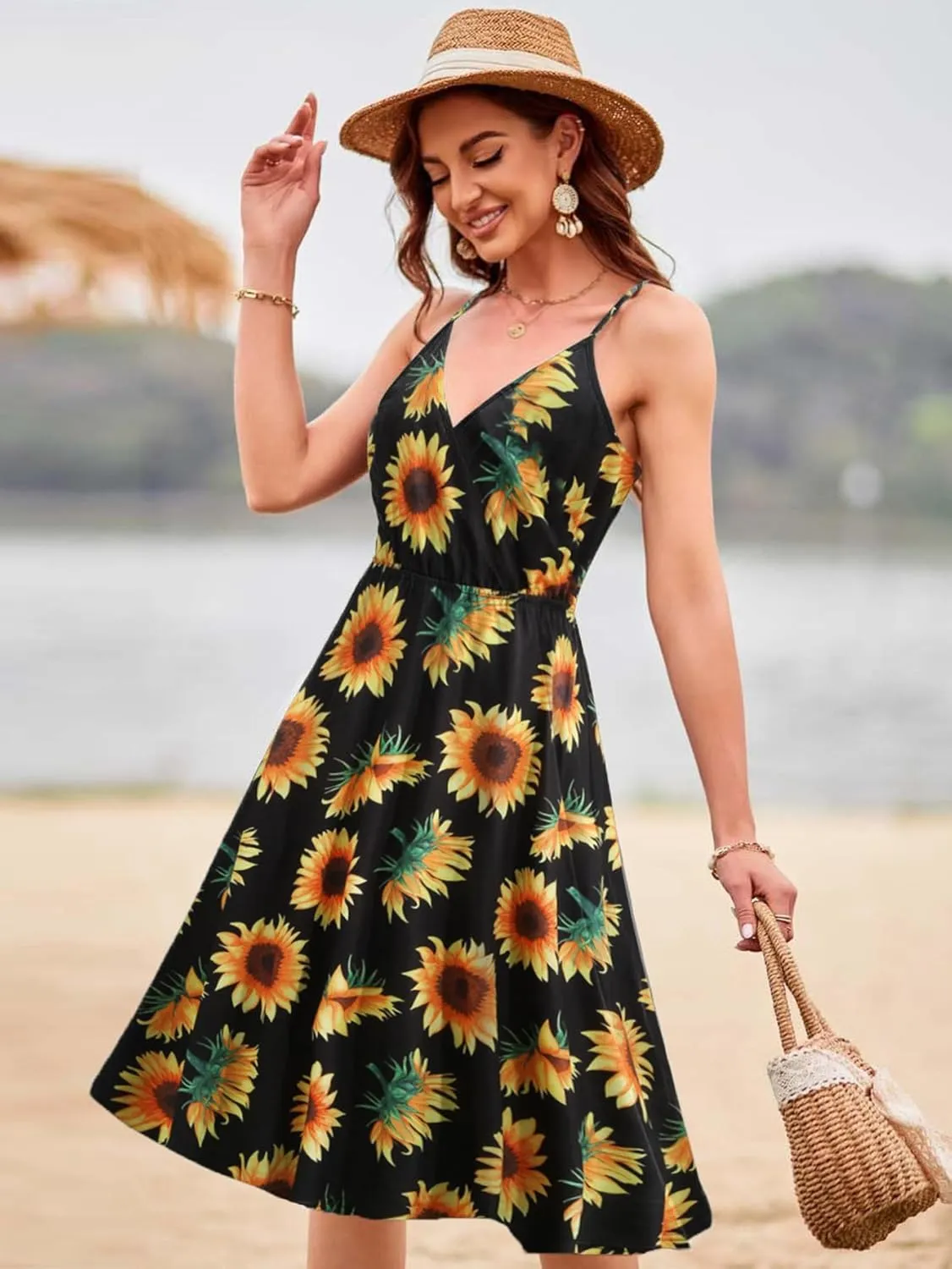 Womens Summer Dresses Spaghetti Strap Floral Dress Casual V Neck Midi Dress Cute A-Line Beach Dress with Pockets