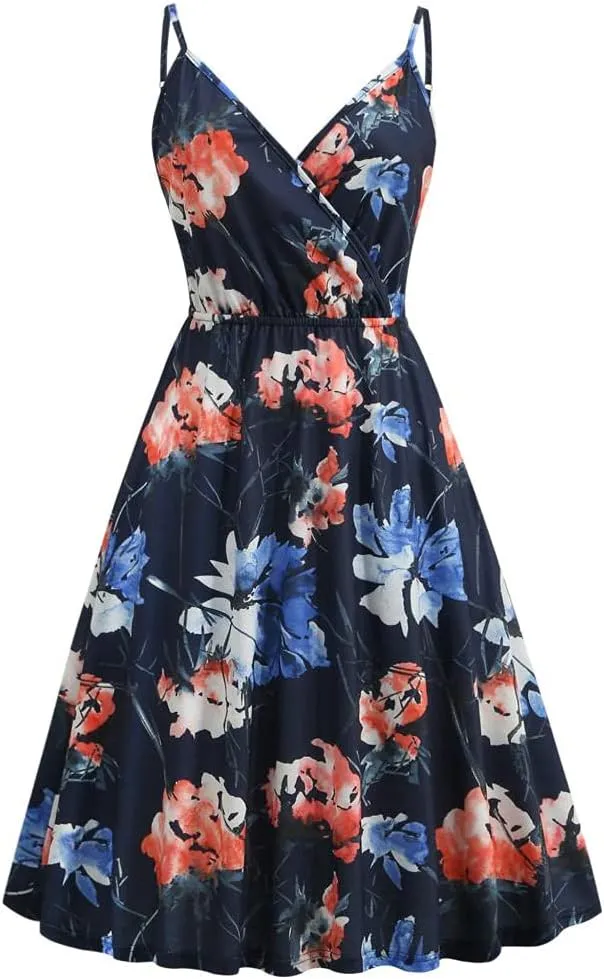 Womens Summer Dresses Spaghetti Strap Floral Dress Casual V Neck Midi Dress Cute A-Line Beach Dress with Pockets