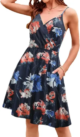 Womens Summer Dresses Spaghetti Strap Floral Dress Casual V Neck Midi Dress Cute A-Line Beach Dress with Pockets