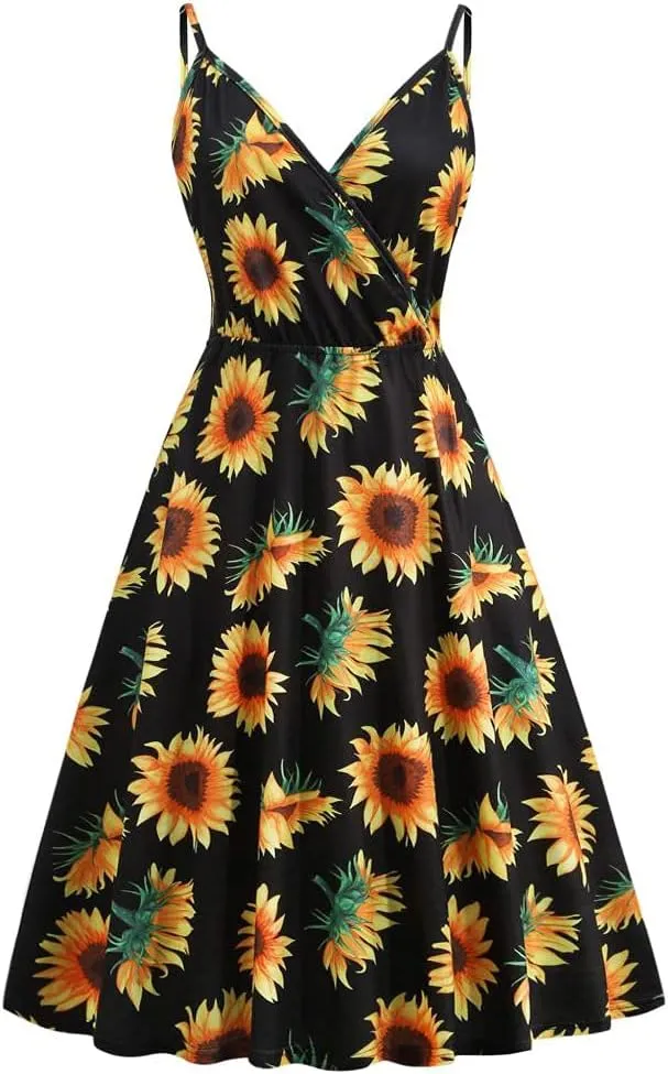 Womens Summer Dresses Spaghetti Strap Floral Dress Casual V Neck Midi Dress Cute A-Line Beach Dress with Pockets