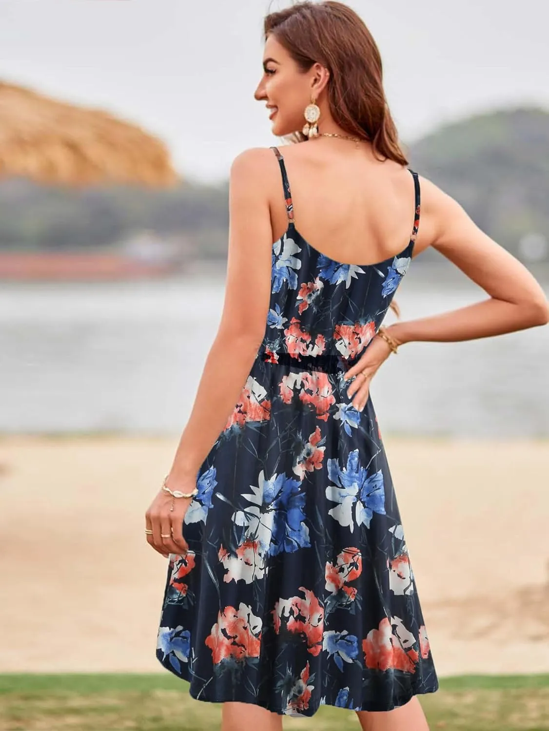 Womens Summer Dresses Spaghetti Strap Floral Dress Casual V Neck Midi Dress Cute A-Line Beach Dress with Pockets