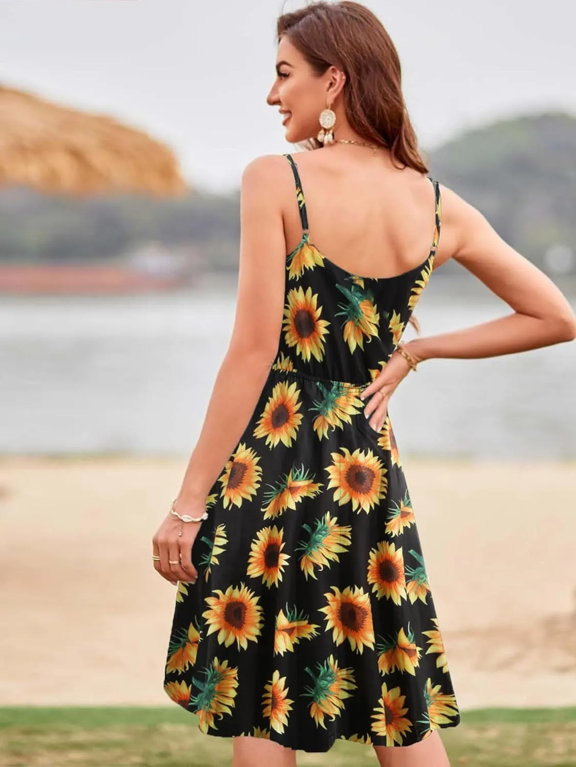 Womens Summer Dresses Spaghetti Strap Floral Dress Casual V Neck Midi Dress Cute A-Line Beach Dress with Pockets