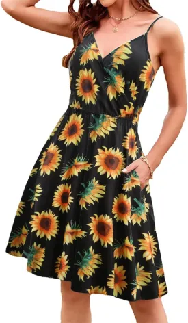 Womens Summer Dresses Spaghetti Strap Floral Dress Casual V Neck Midi Dress Cute A-Line Beach Dress with Pockets