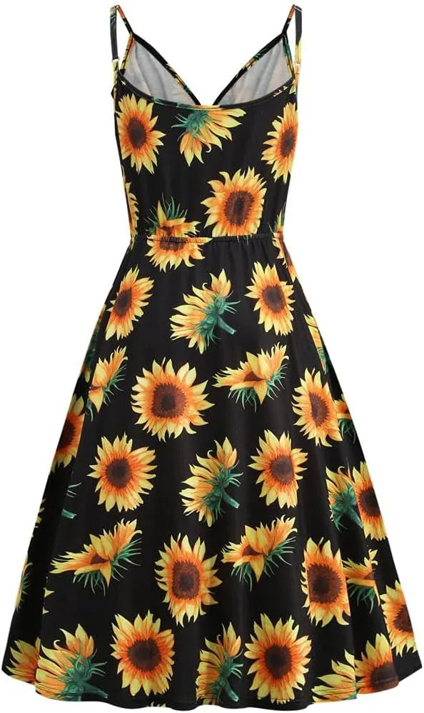 Womens Summer Dresses Spaghetti Strap Floral Dress Casual V Neck Midi Dress Cute A-Line Beach Dress with Pockets