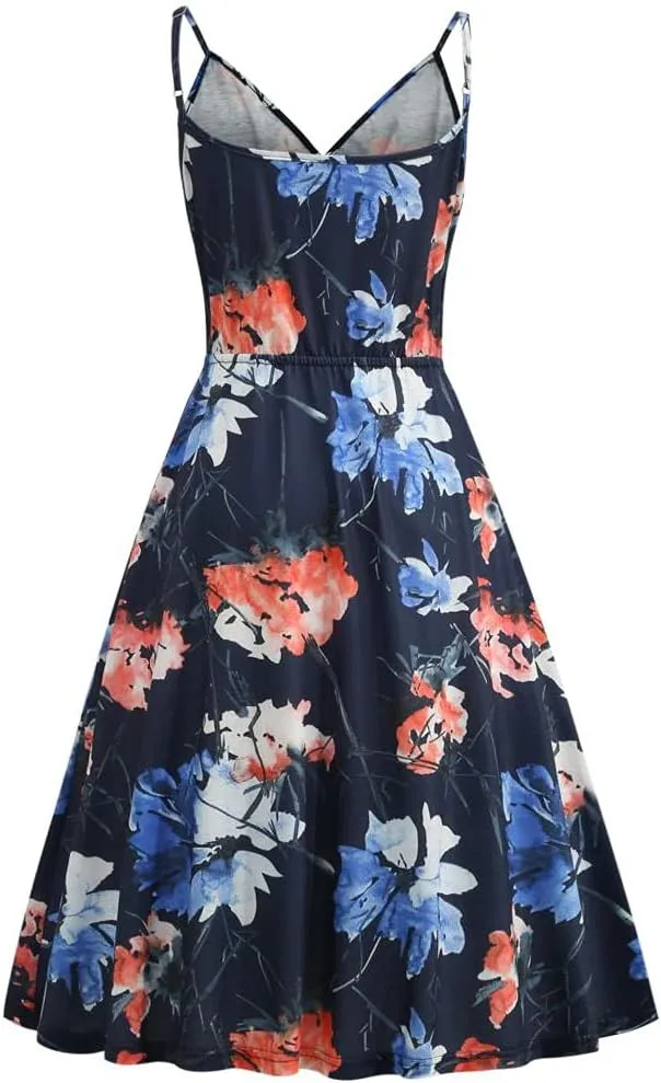Womens Summer Dresses Spaghetti Strap Floral Dress Casual V Neck Midi Dress Cute A-Line Beach Dress with Pockets