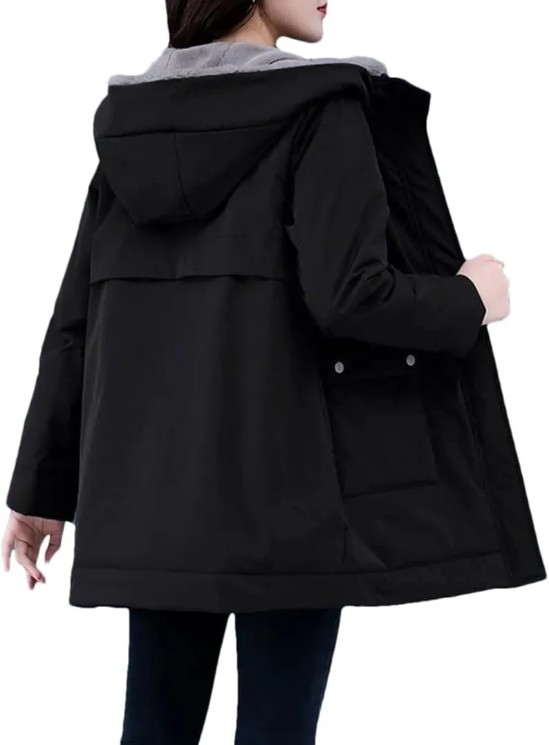 Women's Thick Warm Jacket Loose Cotton Hooded Coat Solid Color Casual Female Parkas Outwear
