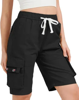 XinYangNi Women's Casual Cargo Shorts with Pockets Elastic High Waist Drawstring Bermuda Shorts for Women