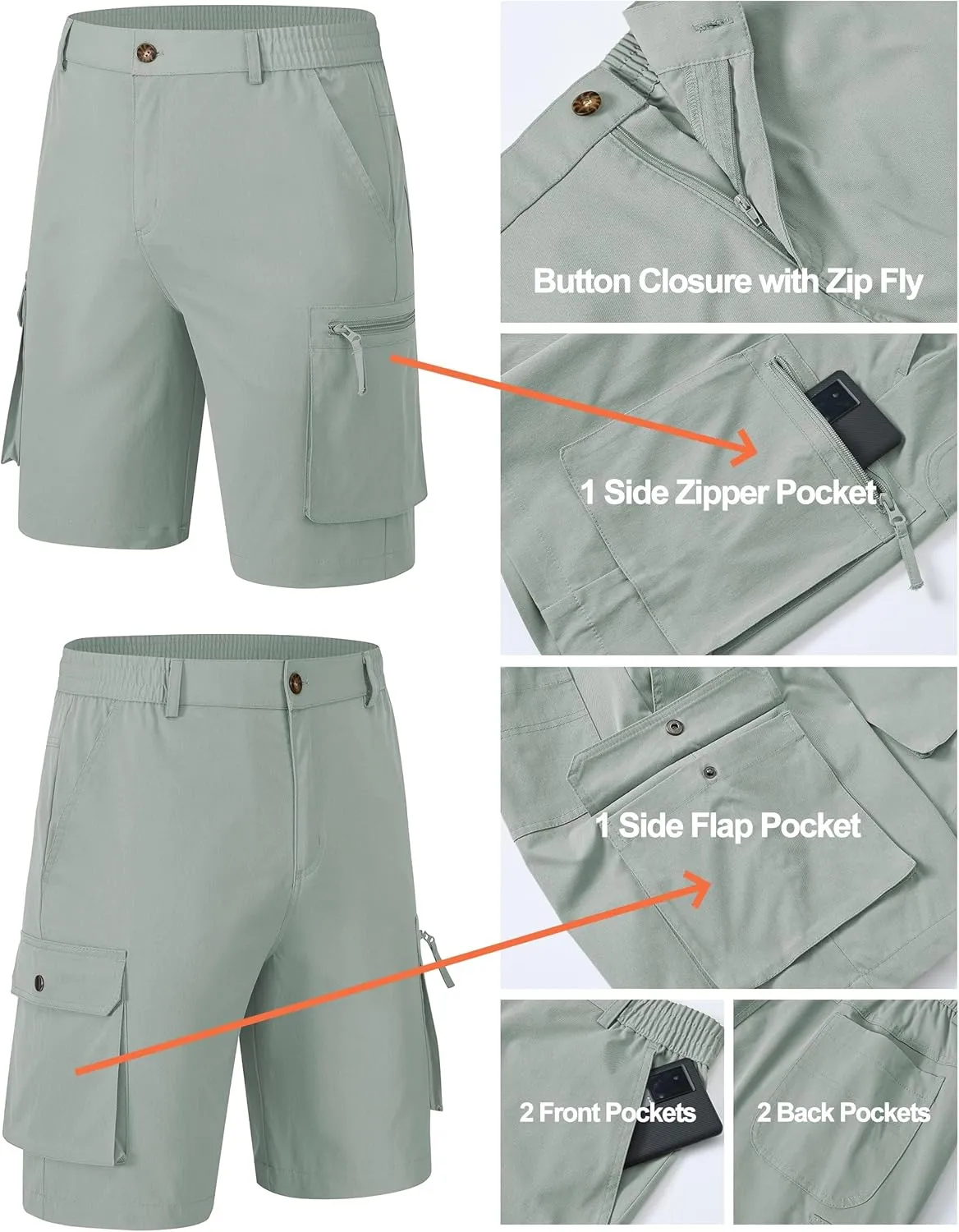 YuKaiChen Men's Stretch Cargo Shorts Zipper Pocket Relaxed Fit Shorts