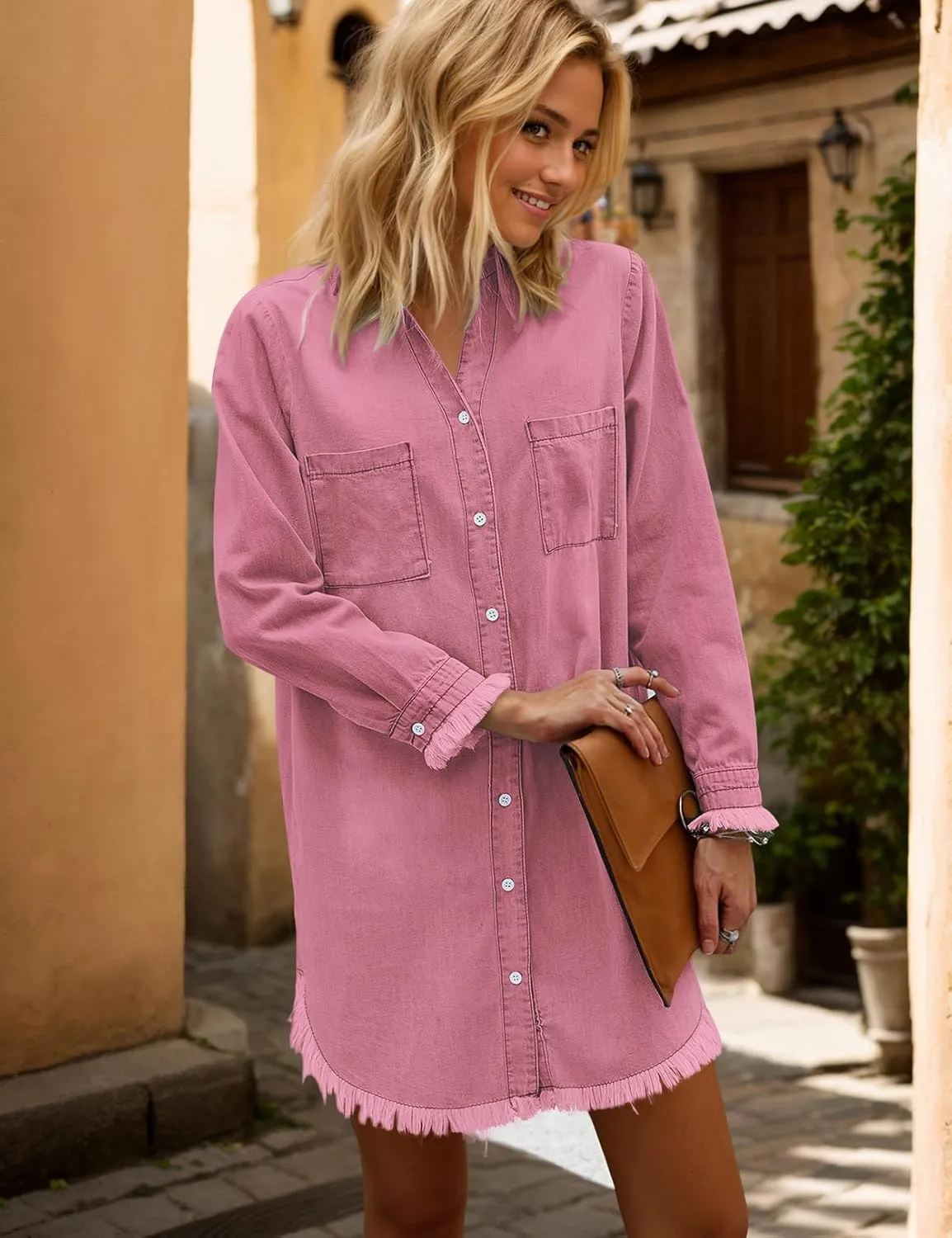 Zilcremo Women Denim Shirt Dresses Long Sleeve Distressed Jean Dress Button Down Casual Tunic Top
